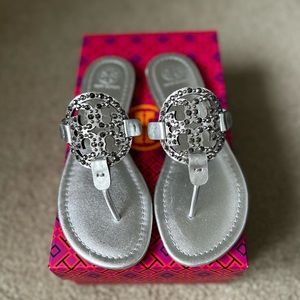 NWOT Silver Tory Burch Miller Sandals